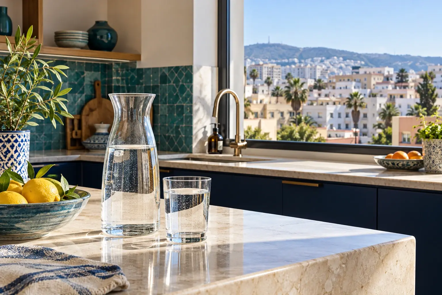 Carafe d’eau dans une cuisine avec vue sur un quartier urbain marocain illustratif