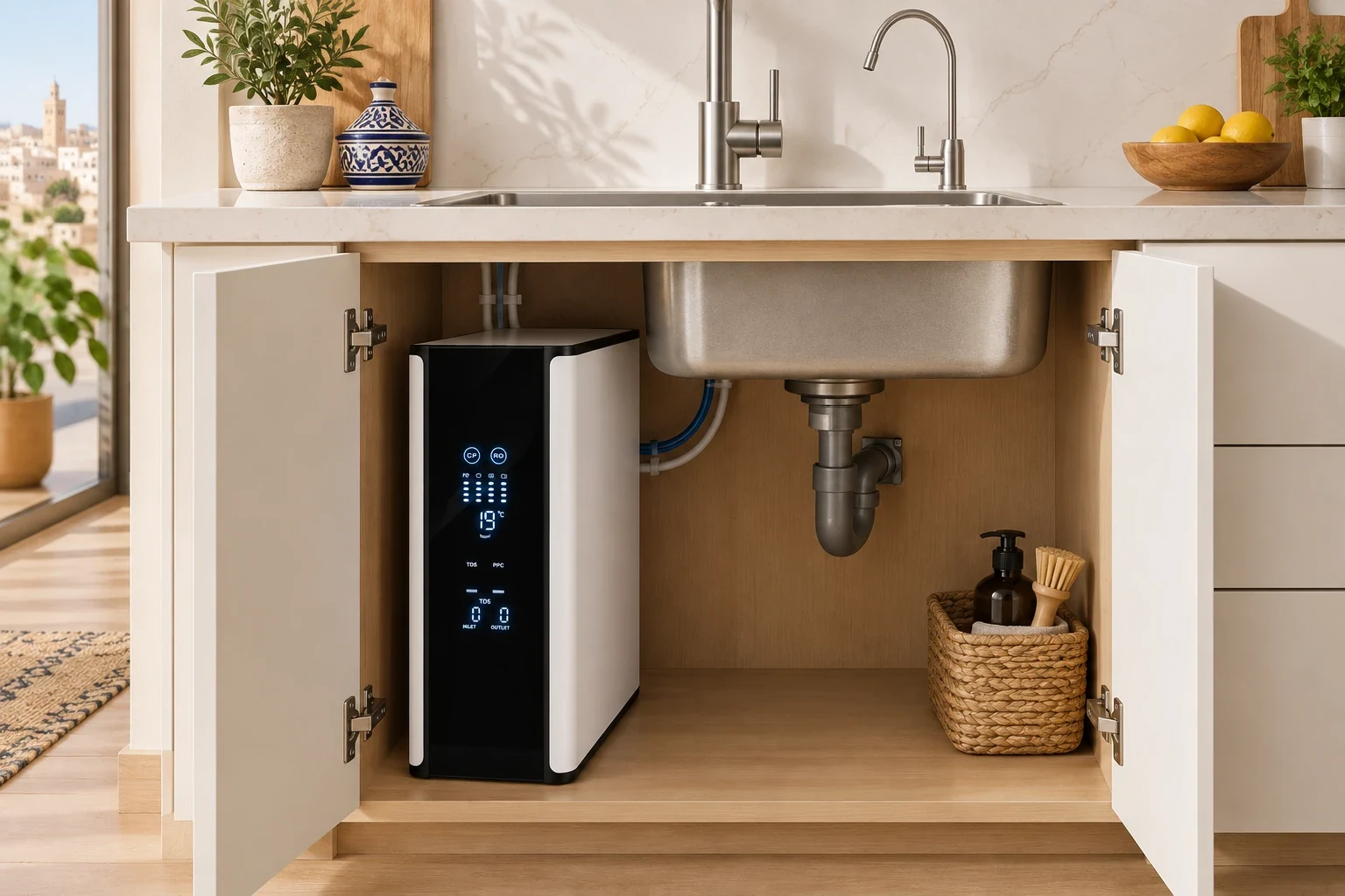 GLASSE Digitale installé sous un évier de cuisine