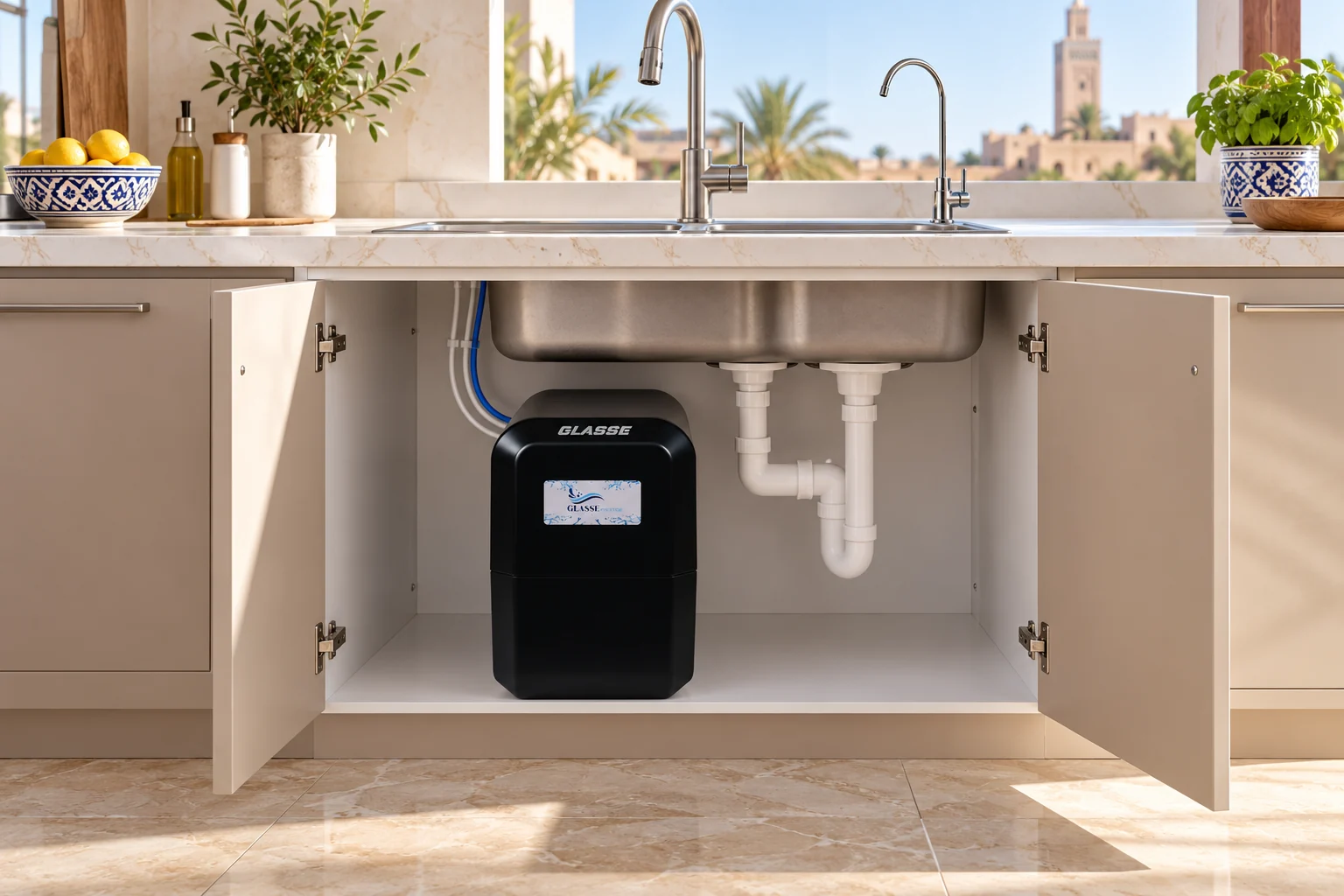 GLASSE PRESTIGE (NOIRE) — illustration originale de son environnement, WaterMaroc.
